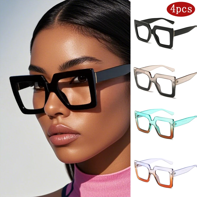 Car Glasses 4pcs New Glasses Women Square Frames Classic Large Frame Flat Eyeglasses Rectangle Design Glasses Colorful Glasses