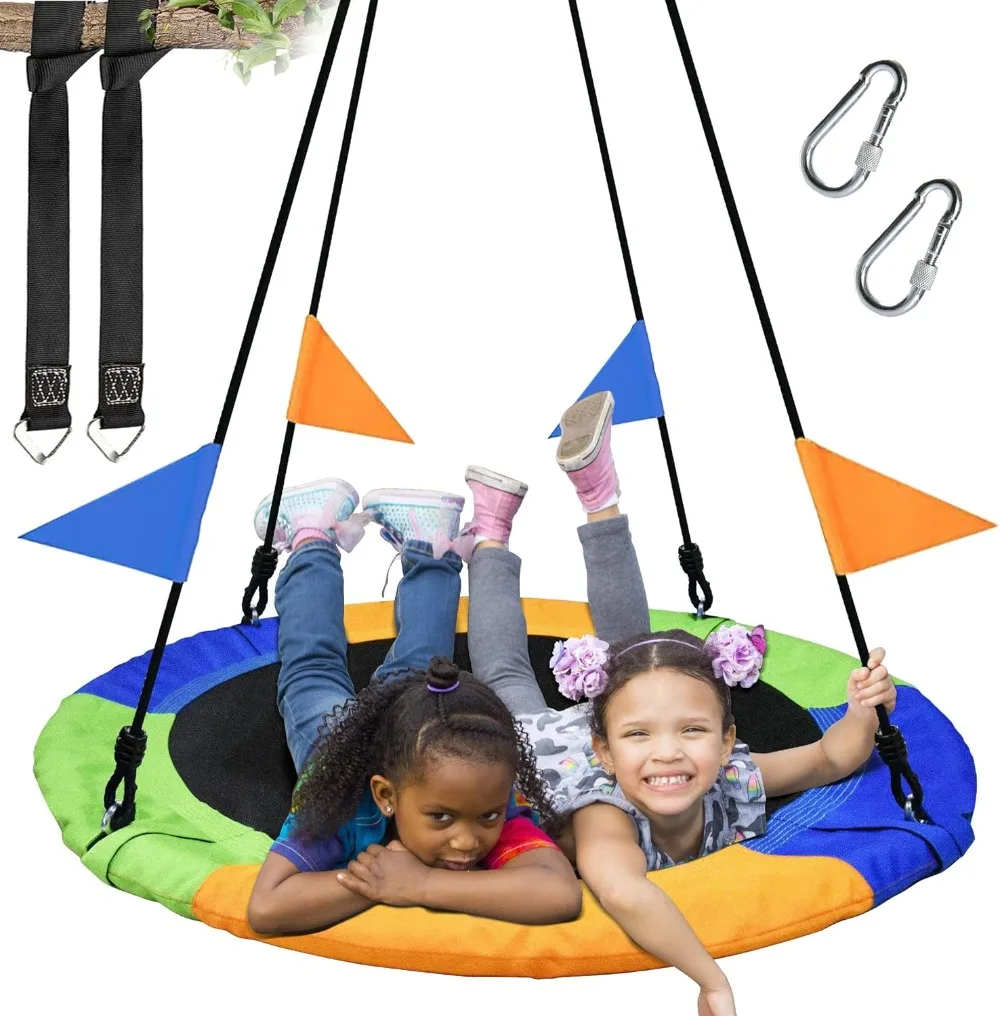 40In Saucer Tree Swing Flying 900lb Weight Capacity 2 Added Hanging Straps Adjustable Multi-Strand Ropes Colorful Safe & Durable