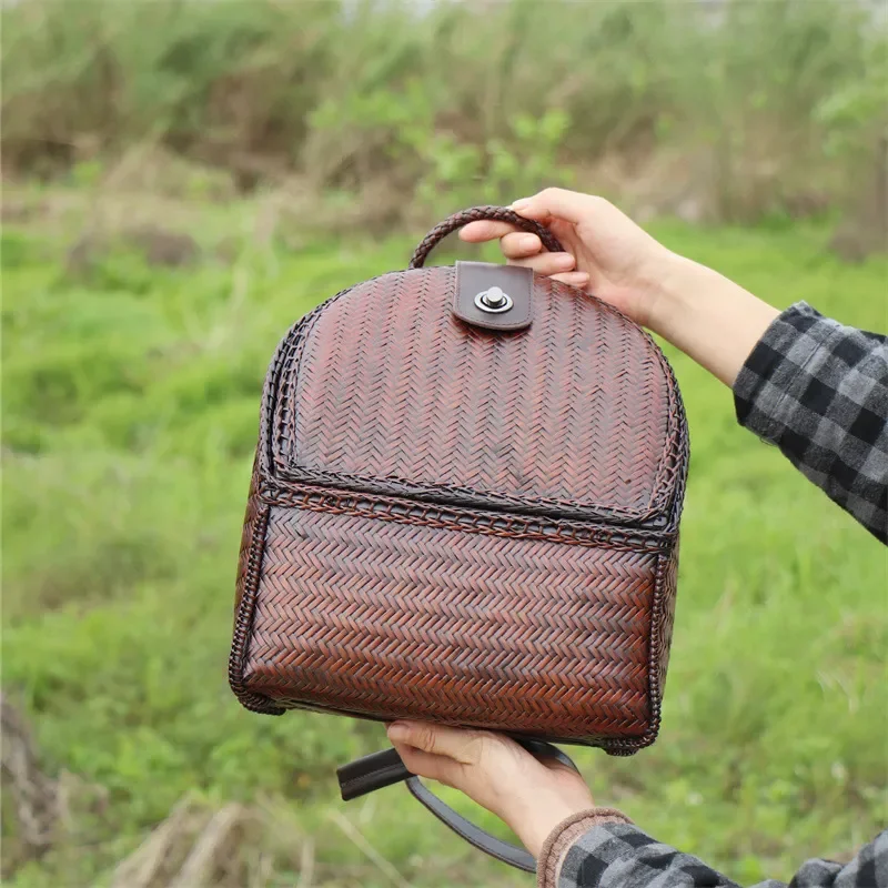 Natural Bamboo Woven Backpack for Women Vintage Handmade School Bag Eco Friendly Travel Rucksack Unique Ethnic Style Daily