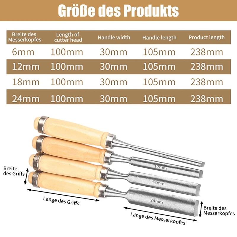 ABUL-Set Of 4 Wooden Chisel Set, Round, Curved Chisel Set, CR-V Steel Semicircular Edge 6Mm/12 Mm/18 Mm/24 Mm For DIY Crafts
