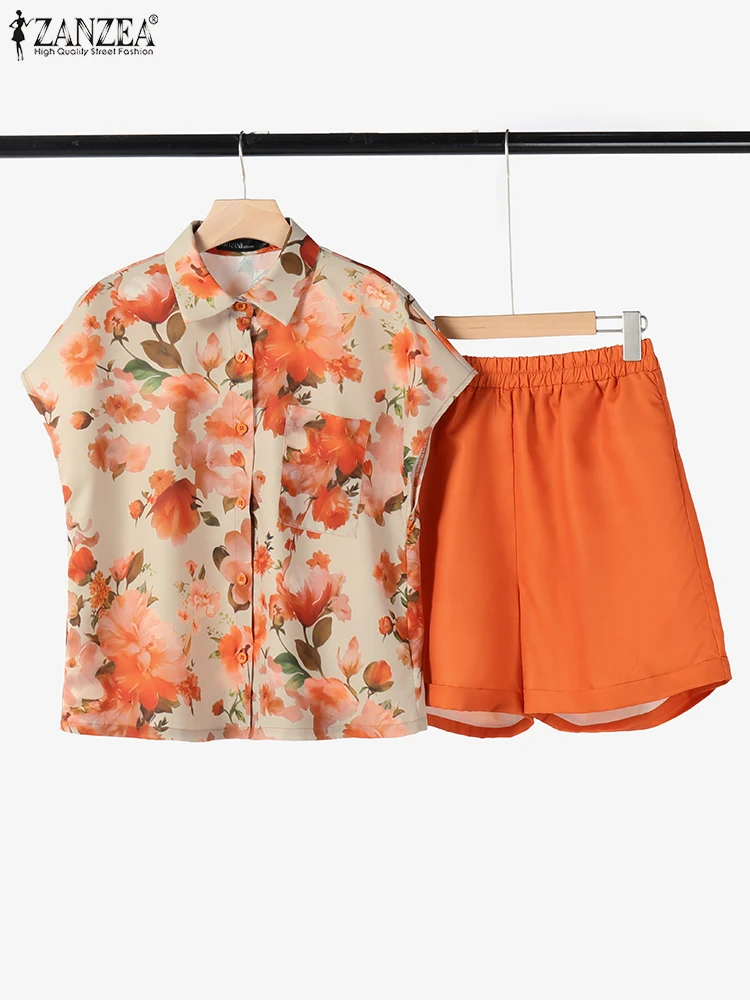 

ZANZEA Fashion Floral Printed Shirt Outfits Women 2PCS Short Sets Holiday Summer Solid Short Suit 2025 Korean Matching Tracksuit