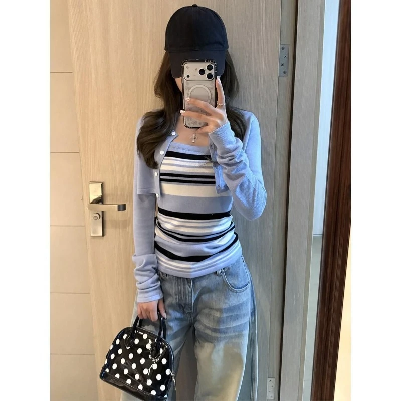 Blue Knitted Suits Women 2026 New Short Sweater Cardigan Striped Strapless Vest Fashion Y2k Aesthetic Two Piece Sets view 4