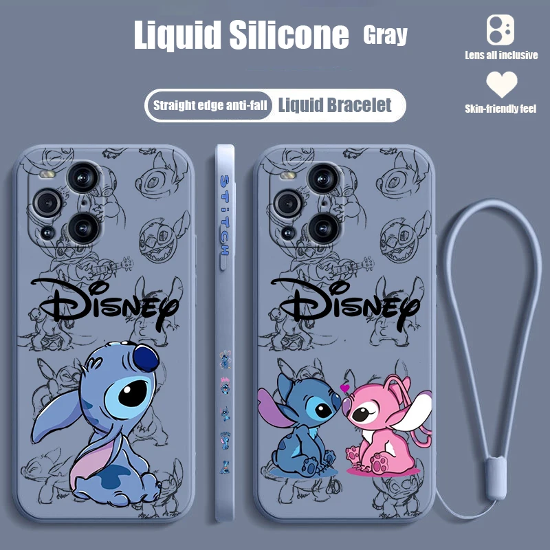 Lilo & Stitch Disney For OPPO Find X6 X5 X3 X2 Pro Lite Neo Liquid Left Rope Silicone TPU Fundas Cover Phone Case