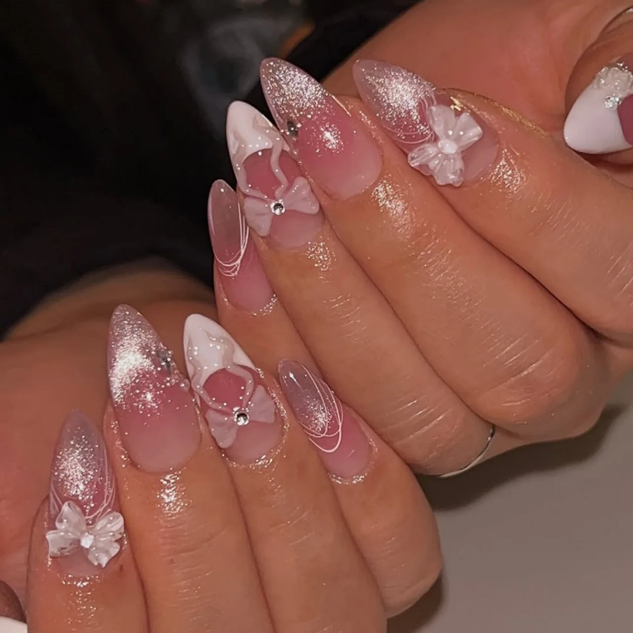 

24PCS Pink Blush Gradient Almond Press on Nail Glitter Cat Eye with Bowknot Design Sweet French Fake Nails Wearable Manicure Art