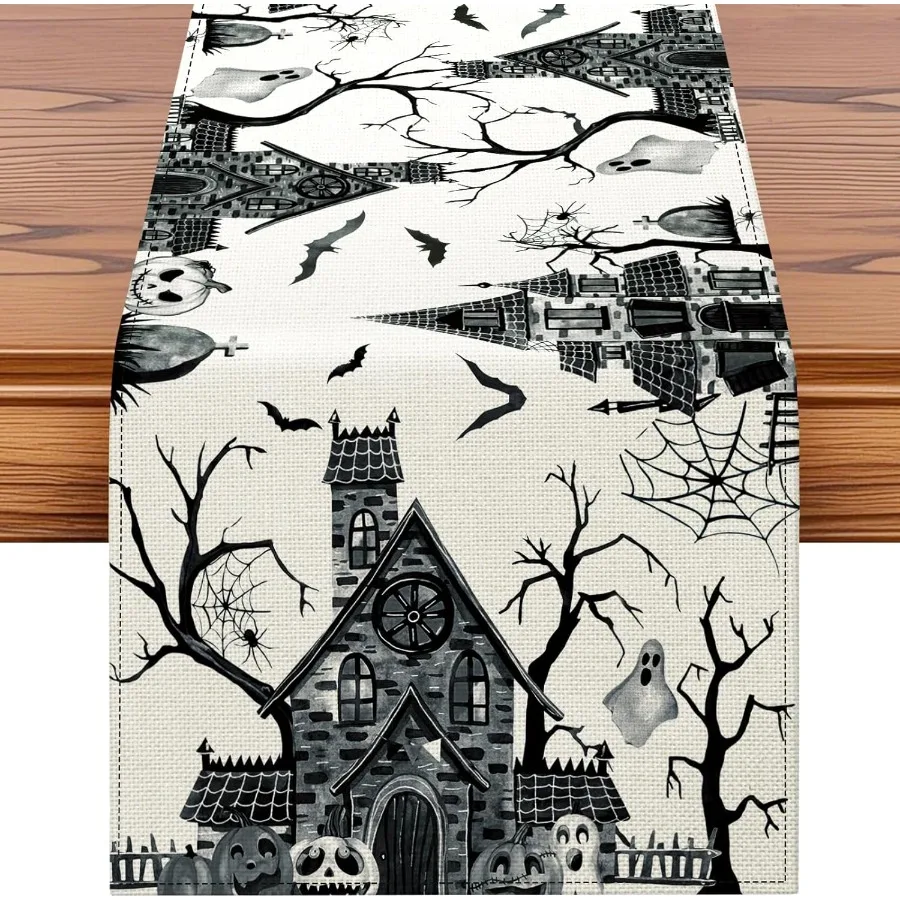 

Black White Spooky Haunted House Tree Ghost Halloween Table Runner Halloween Holiday Kitchen Dining Table Decoration for Fall