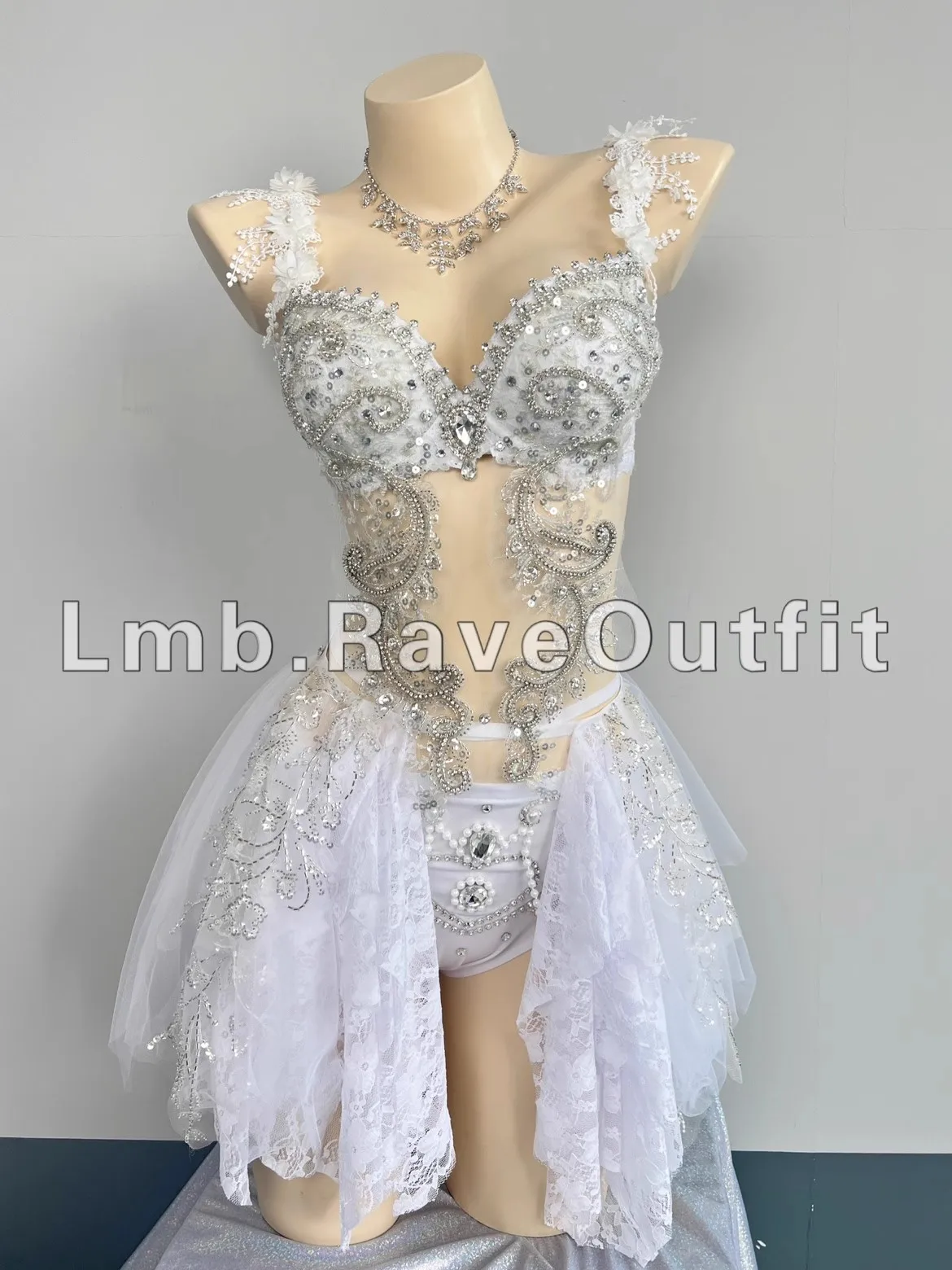 Shiny Diamond Sequin Bra+Shorts+Tutu Skirt Perspective Sexy Coat Female Singer Nightclub DJ Dance Stage Prom Party Rave Wear