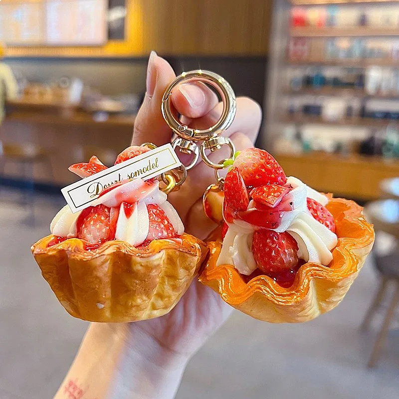 Simulation Strawberry Tart Dessert Keychain PU Creative Food Pendant Bag Charm Gift