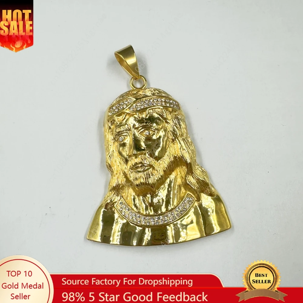 

New Hip Hop Iced Out Big Jesus Head Pendant Necklaces Male Gold Color Stainless Steel Christian Necklace For Men Jewelry Gift