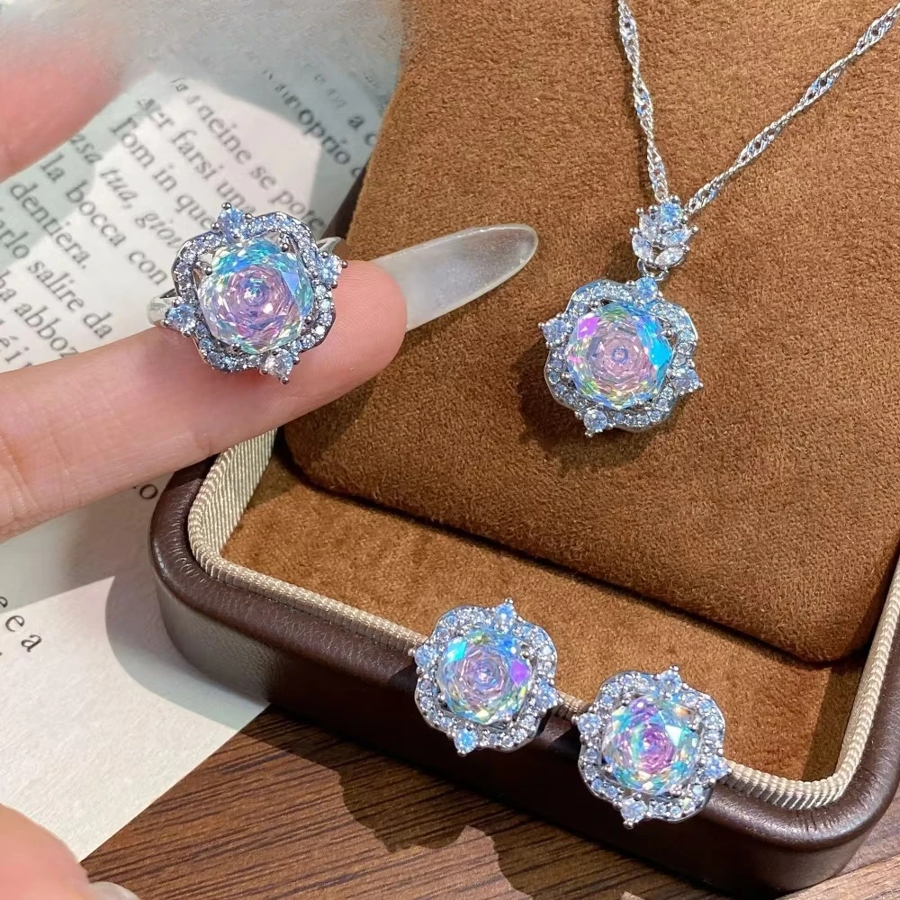 Fashion Luxurious 925 Silver Octagonal Millennium Rose Cut Pendant Necklace Ear Studs Colorful Zirconia Ring Set