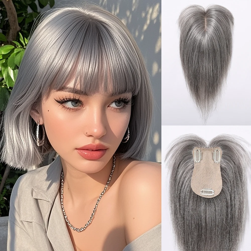 Silver Gray 100% Remy Human Hair Topper 10 Inch Straight French Air Bangs Silk Base Clip in Hairpiece for Women Thin Skin Topper