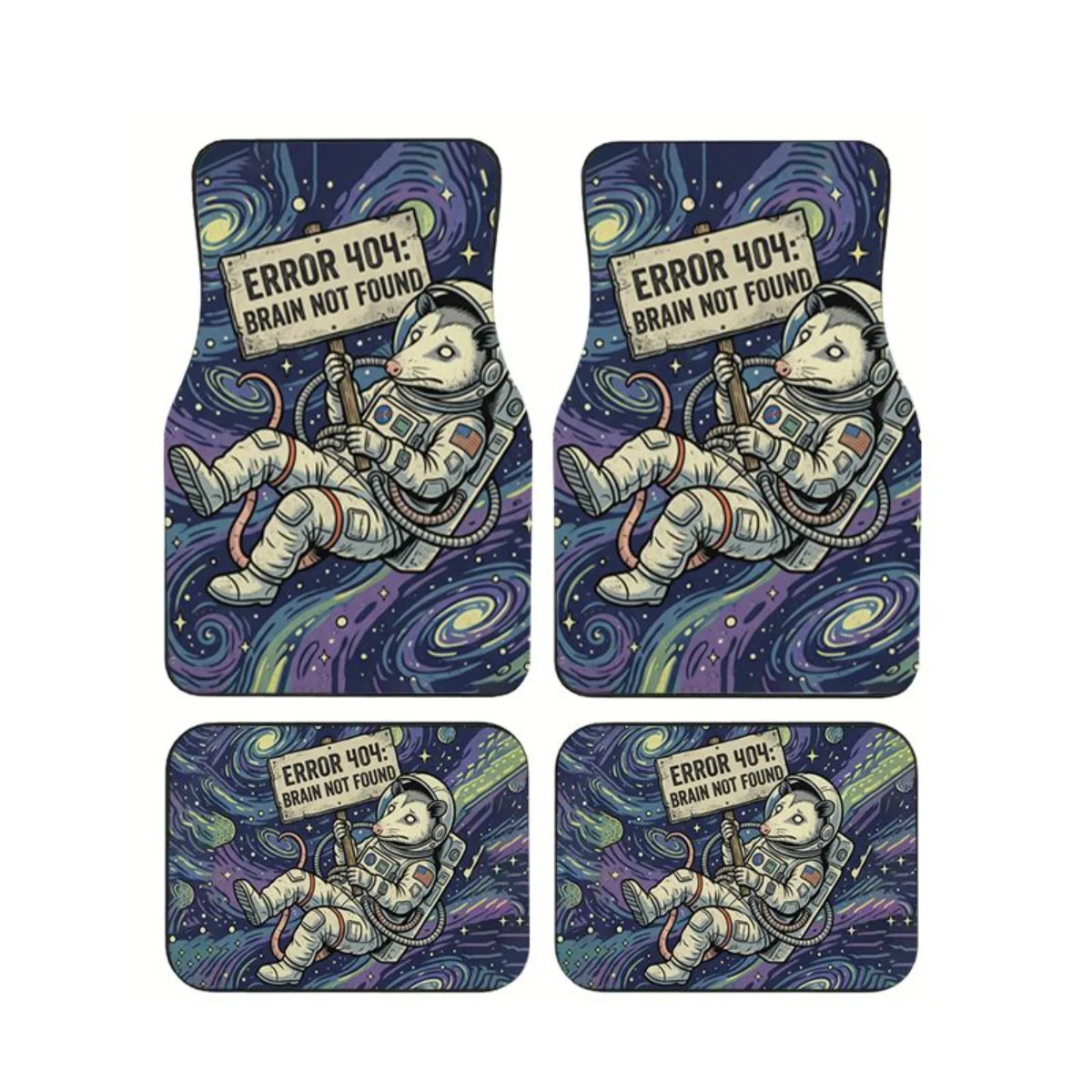 

4Pcs Error 404 Brain Not Found Astronaut Opossum Car Floor Mats Funny Space Auto Foot Mat Set Interior Accessories For SUV Truck