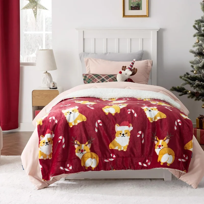 Selimut lempar natal-selimut lempar Natal Corgi Natal Sherpa lembut dan hangat untuk Sofa, Sofa, tempat tidur