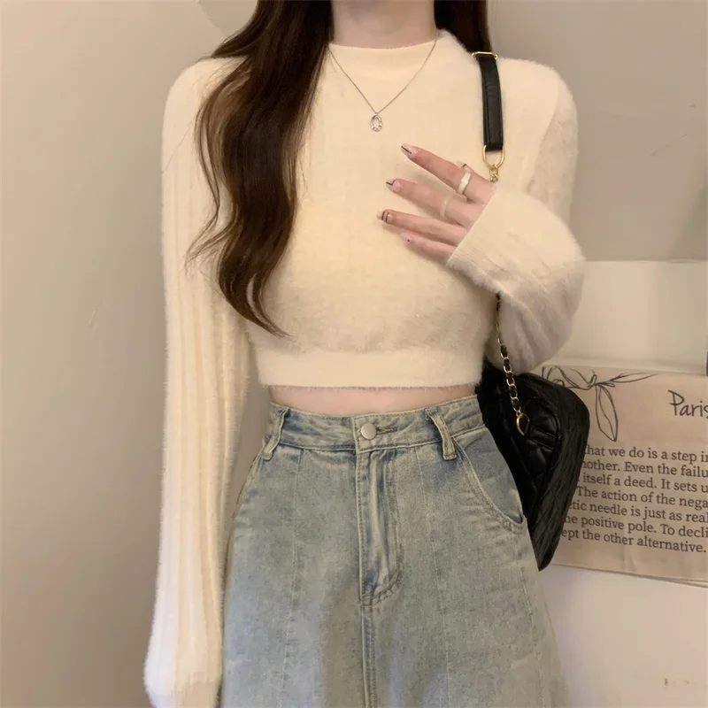 

Soft Short Sweater Women Spring Autumn Slim Knitting Bottoming Tops Solid Round Neck Full Sleeve Knitted Sweater Female