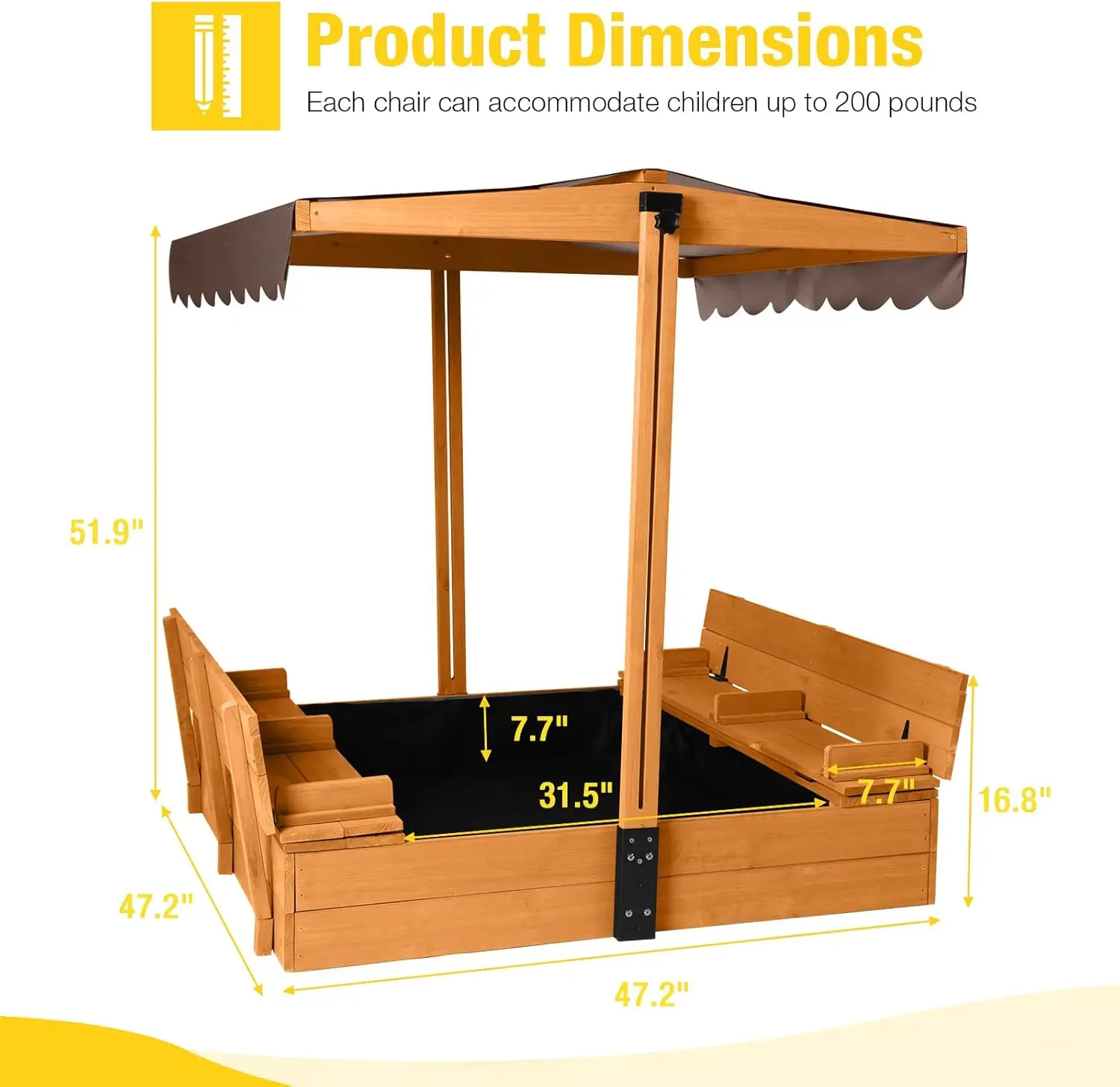 Sandbox with Lid, Sand Boxes for Kids Outdoor, 47.2 Inch Sand Pit with 2 Foldable Bench Seats, UV-Resistant & Adjustable Height