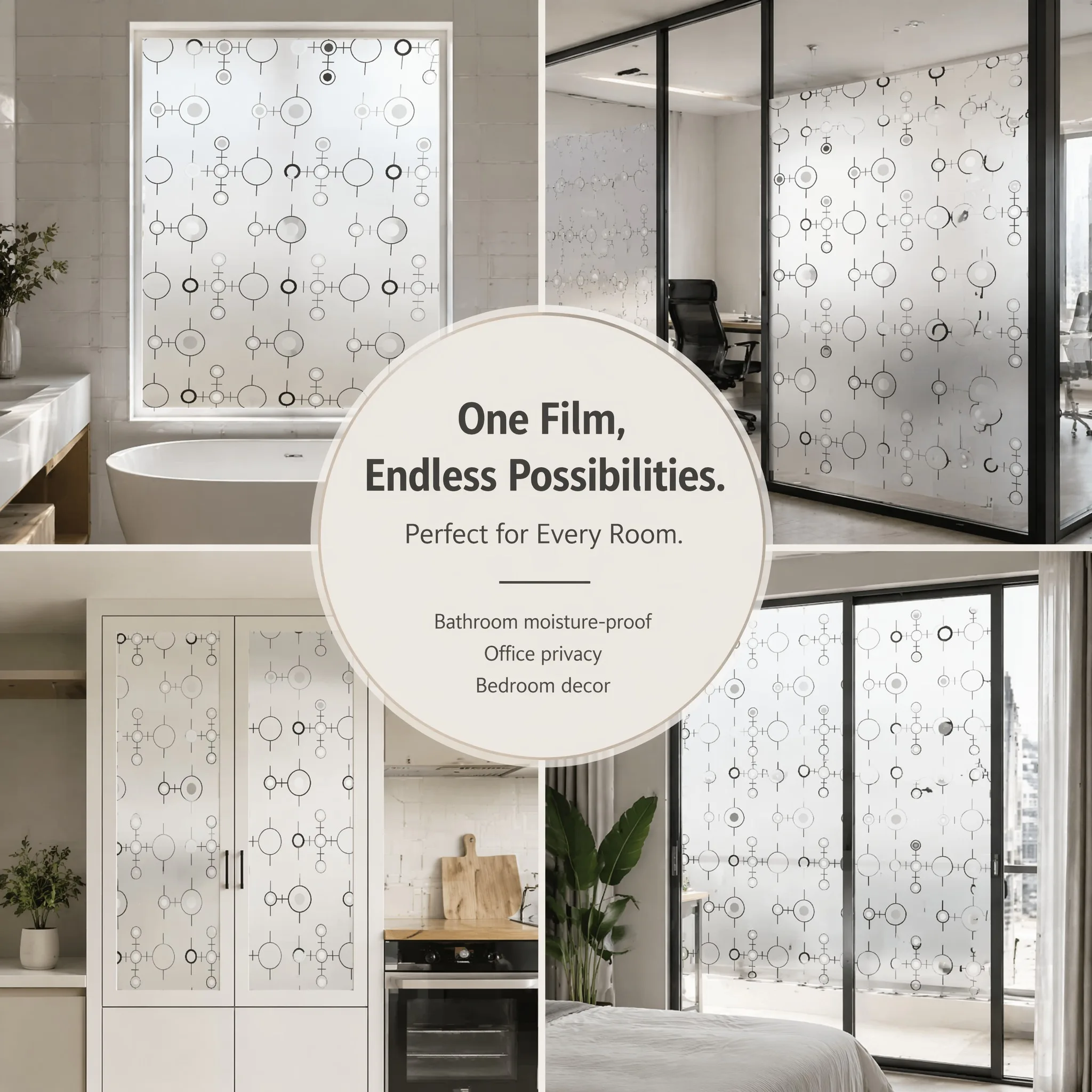 Self-Adhesive Modern Molecular Geometric Frosted Window Film, Waterproof UV Block Removable No Residue Minimalist Privacy Glass
