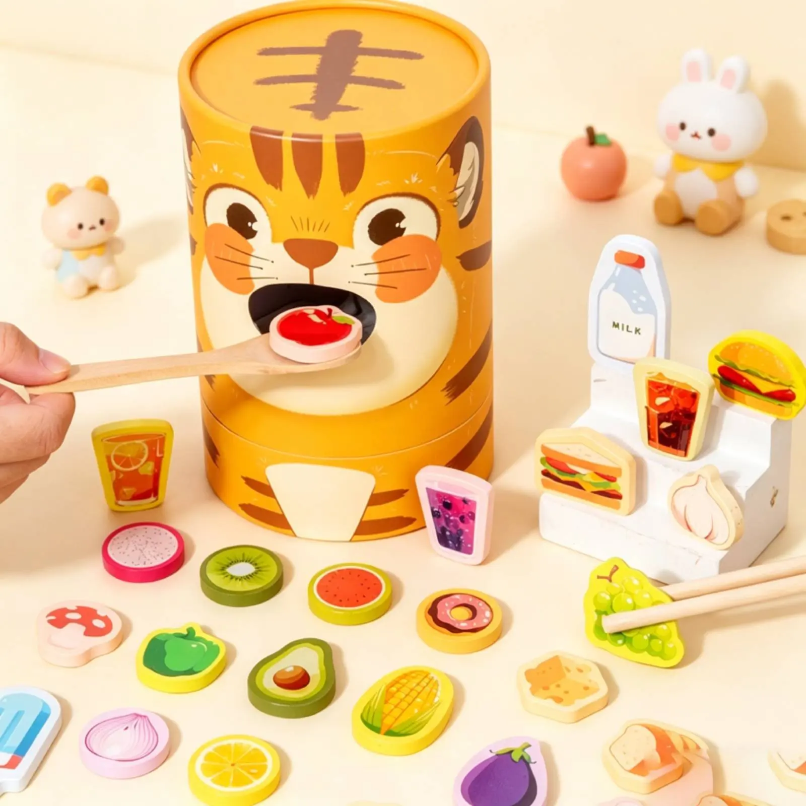 

Chopstick Training Toy Safe Materials Wooden Feeding Toy Tiger Feeding Game Realistic Look Pretend Play Set Long-Lasting