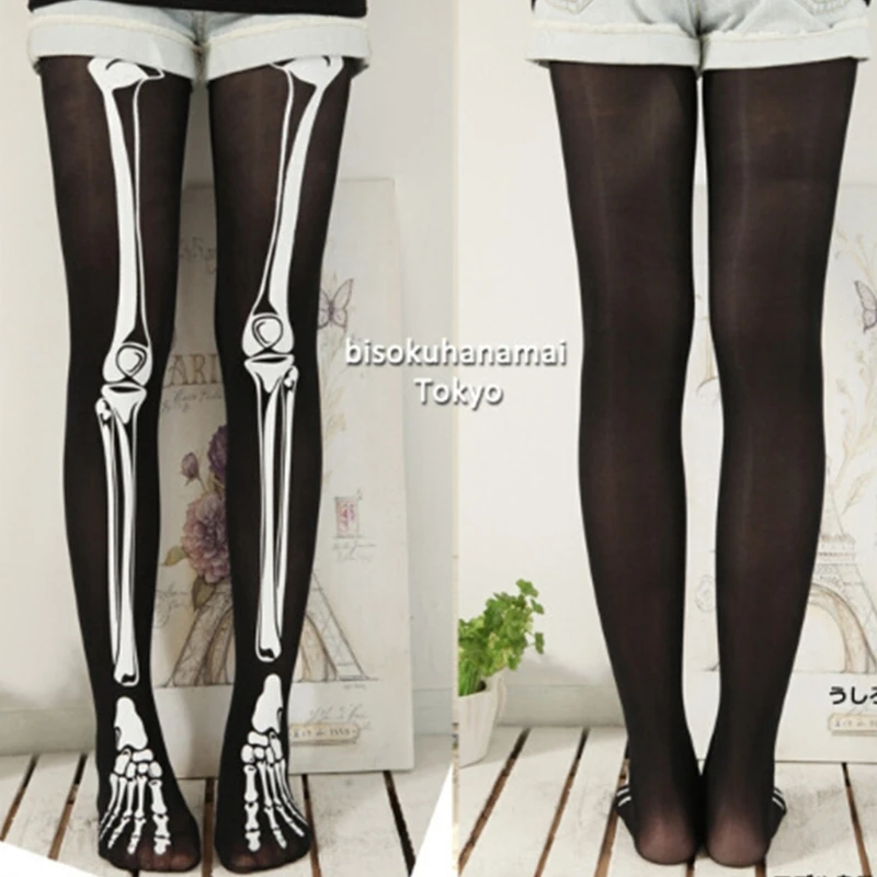 Halloween Skeleton Costume Footed Tights Women Funny Scary Stockings Skull Print Pantyhose Leggings for Cosplay Party