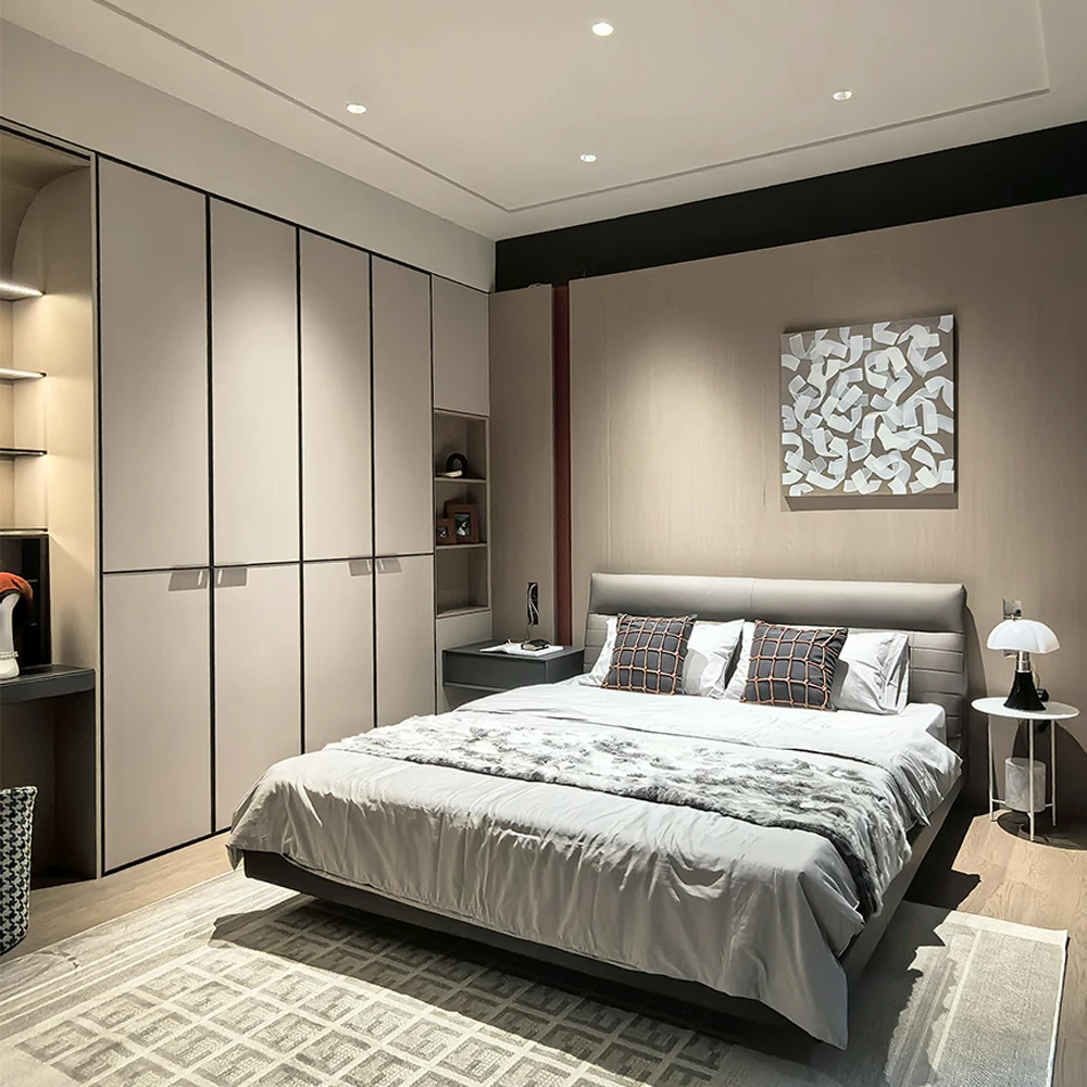 #Modern Two-Tone Wardrobe with Metal Trim & Built-in Dressing Table, Custom Bedroom Closet with LED Light