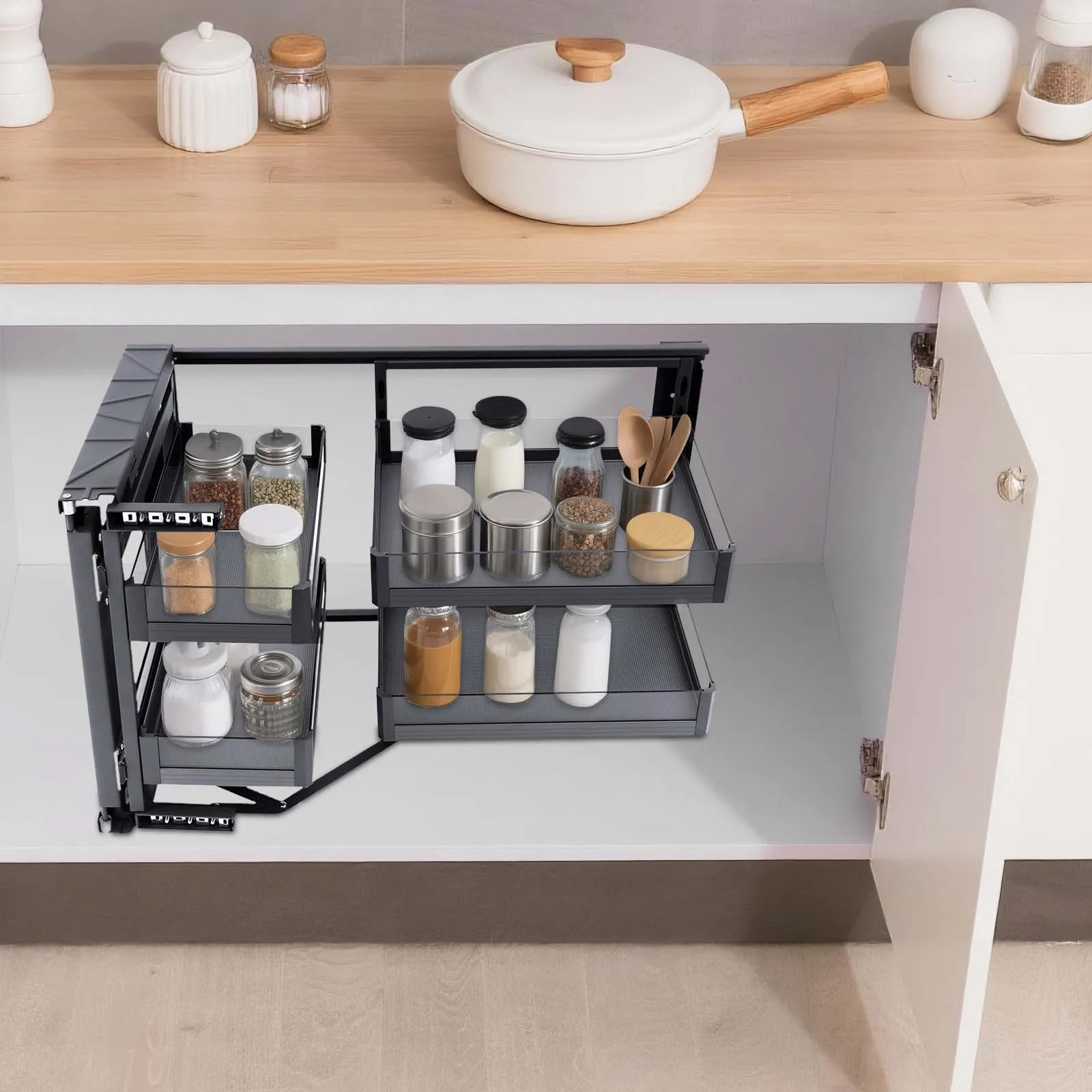 

2 Tier Blind Corner Cabinet Pull Out Organizer with 4 Detachable Shelves Magic Corner Cabinet Organizer Narrow Blind Cabinet