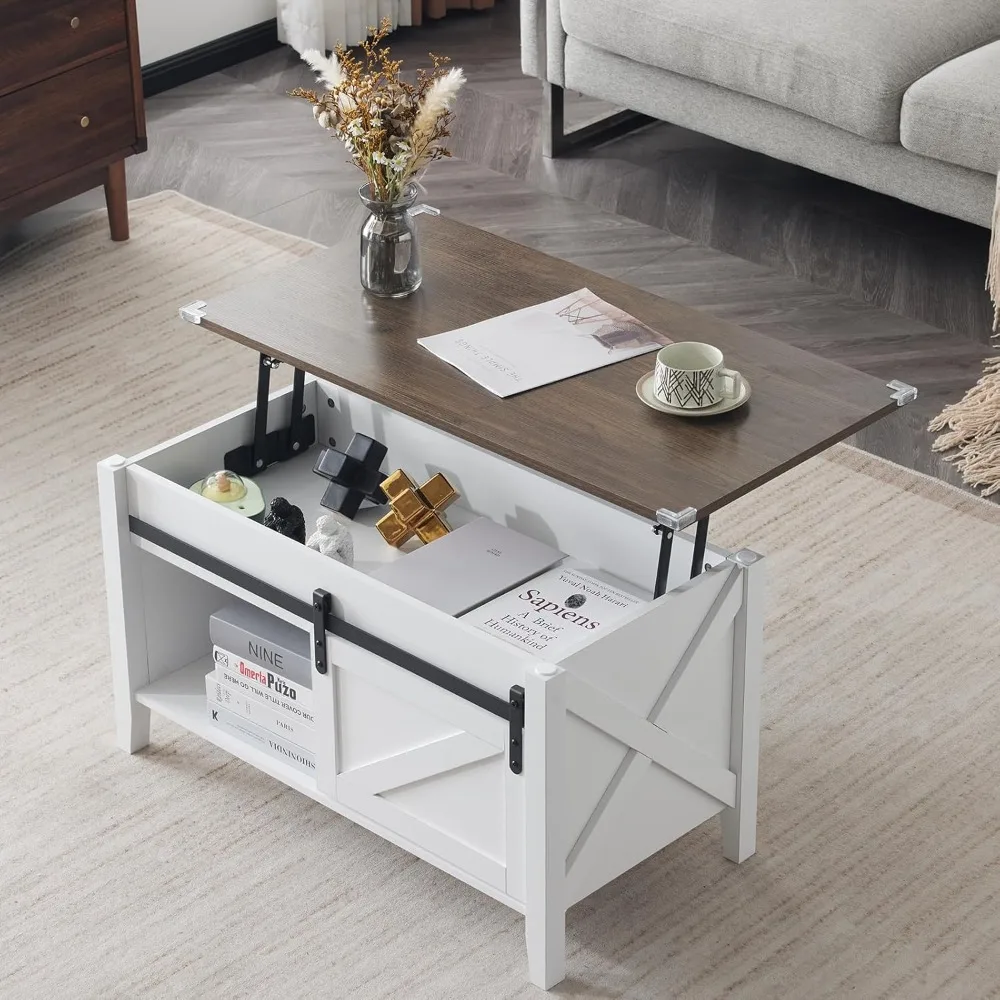 Rustic Grey Farmhouse Style Lift Top Coffee Table with Storage Shelf and Hidden Compartment