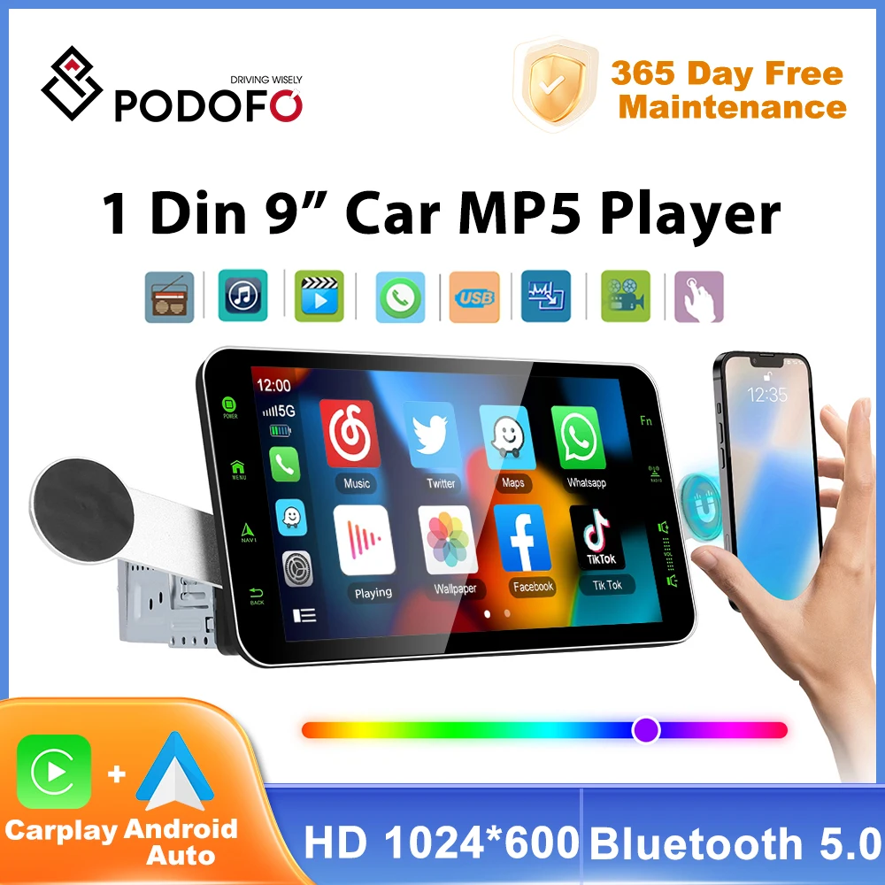 podofo 7-inch Screen AirPlay Carplay MP5 Portable Smart Player Supports Android Auto Wireless CarPlay Support CVBS Camera