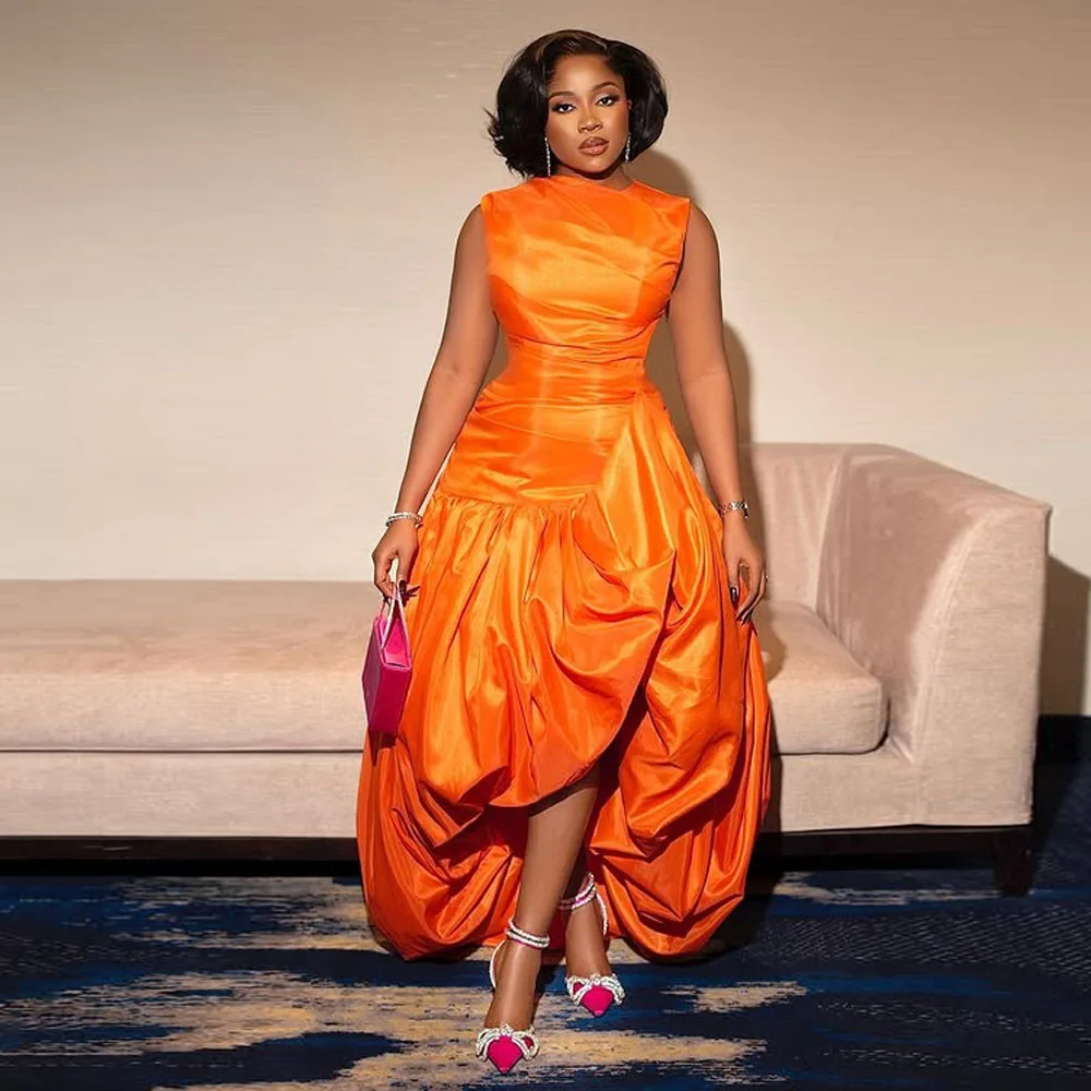Vestido de Fiesta de Satén Burbuja Naranja Vibrante, Vestidos Formales Asimétricos, Vestido Largo Plisado de Moda Africana para Mujer