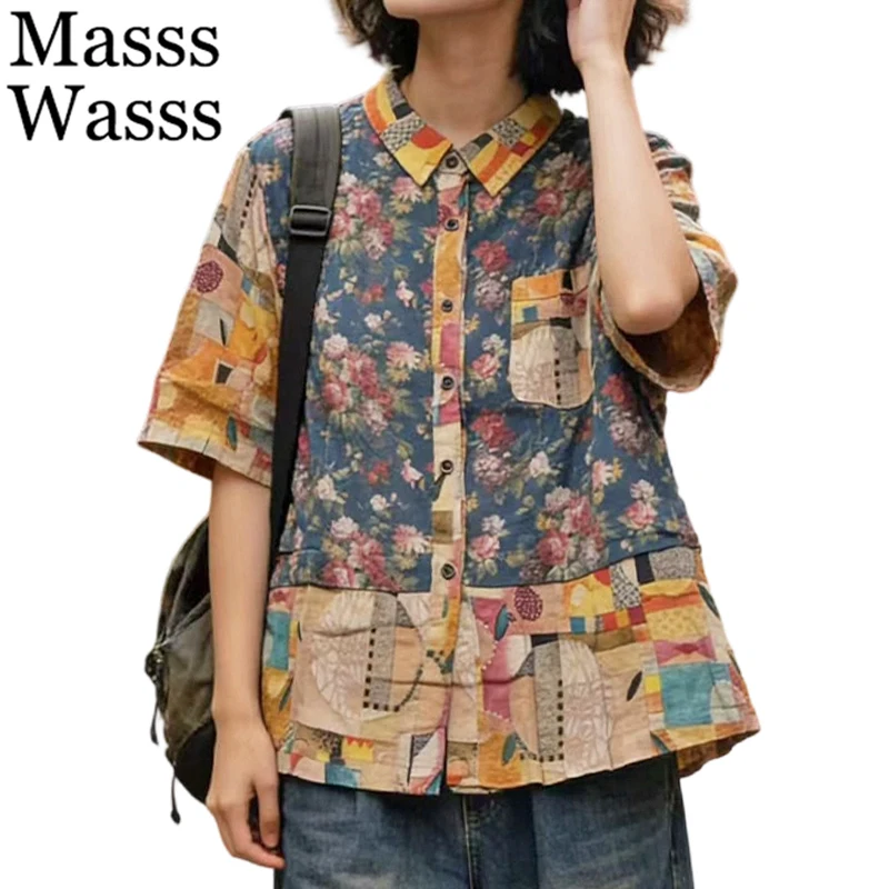 

Летние модные люксовые рубашки Masss Wasss: женские топы в британском винтажном стиле с цветочным принтом, классические свободные блузки в стиле пэчворк 2026 года
