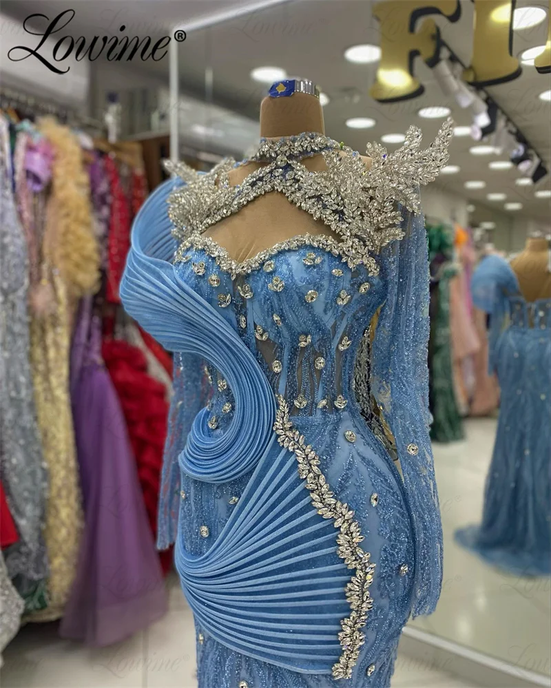 Crystals Blue Prom Dress Aso Ebi Party Second Reception Dresses Customized Evening Gowns Women Long Sleeves Engagement Dresses