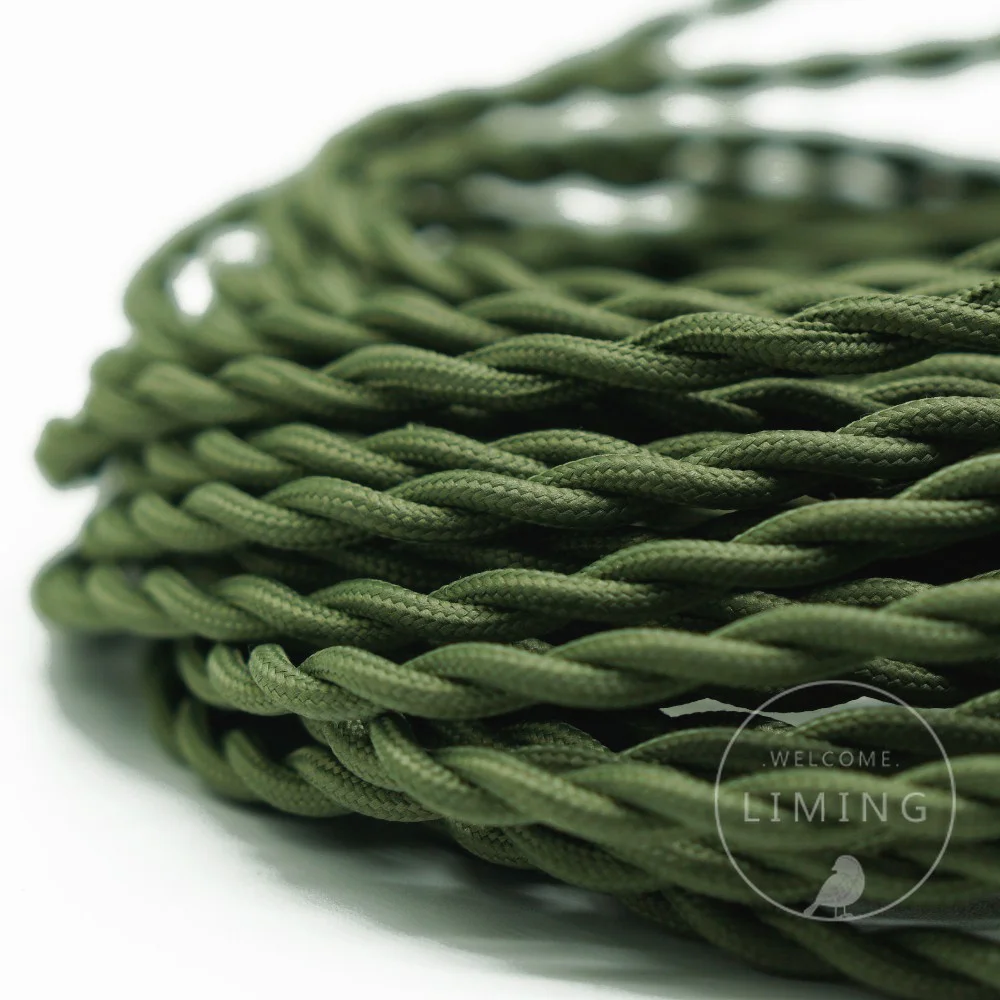 

Free Shipping 100meter/roll Olive Green Color Fabric Twisted Wire Cord Vintage Fabric Electrical Wire Braided Lighting Cable