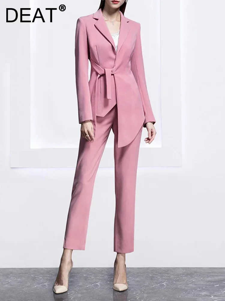 

DEAT Women's 2024 Autumn Pants Sets Bandage Irregular Long Sleeve Lapel Coat Loose Solid Color Trousers Female New Suits 15C179