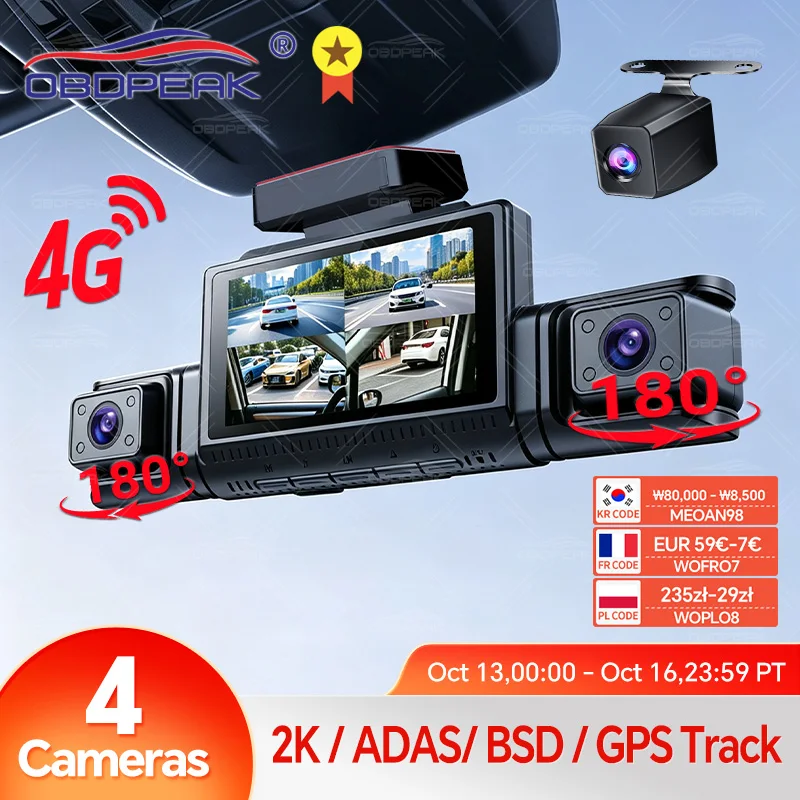 M100 4G LTE 4CH GPS Dash Cam Front 2K+3*1080P Car DVR 360 Camera 24H Parking WiFi ADAS BSD IR Night Vision Video Recorder