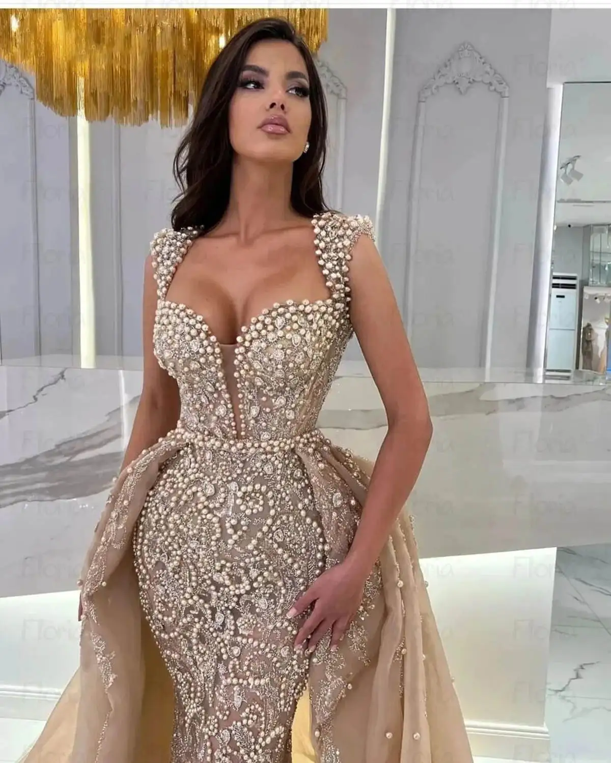 Champagne Prom Gowns Big Pearls Beaded Crystal Birthday Evening Dresses Dress Hand Made Celebrity Robe De Bal