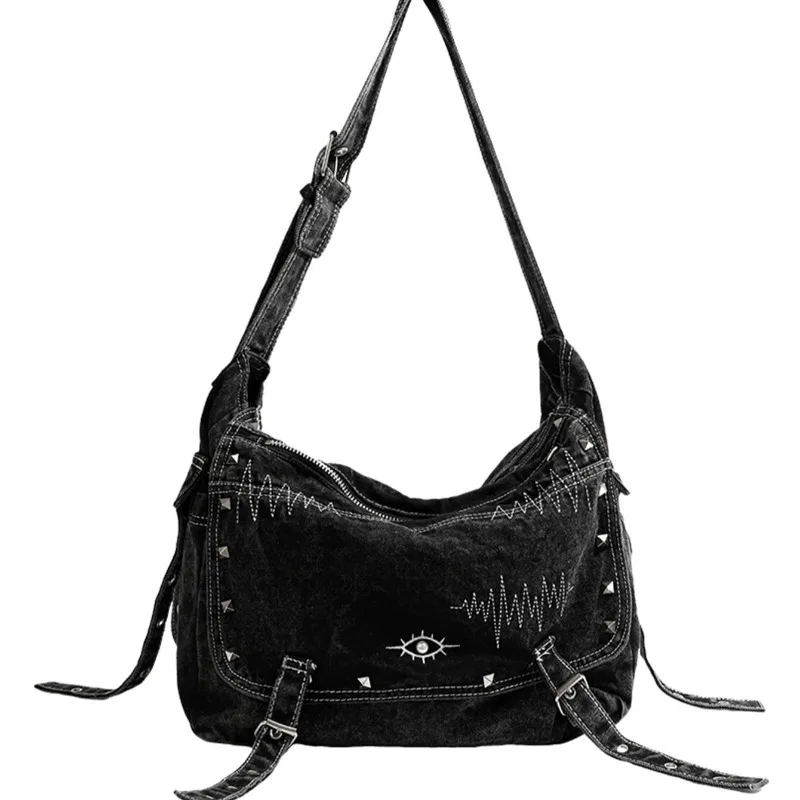 

Fashionable Denim Bag Laid-back Rivet Designversatile for Single-shoulder Large Capacity Embroidered Bag Commuter Crossbody Bag