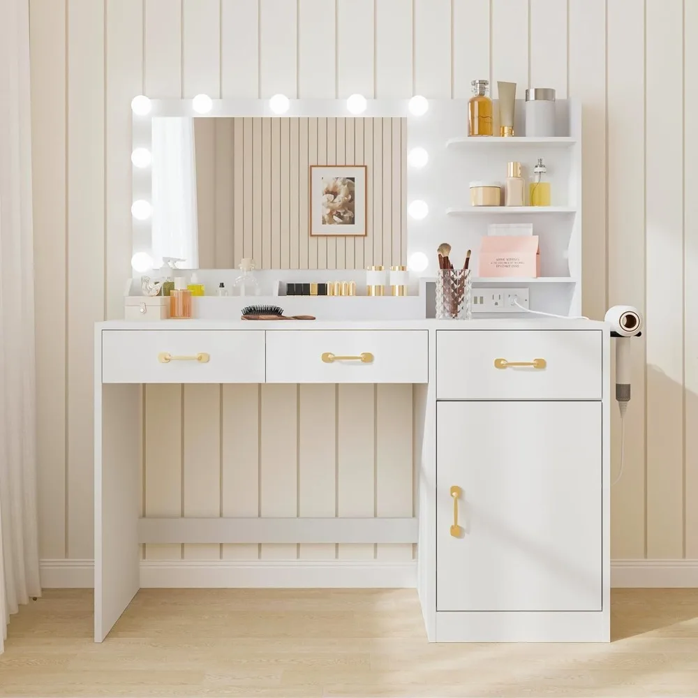 طقم مكتب مكياج لطاولة الزينة باللون الأبيض مع مخرج طاقة بمرآة مضاءة بإضاءة LED