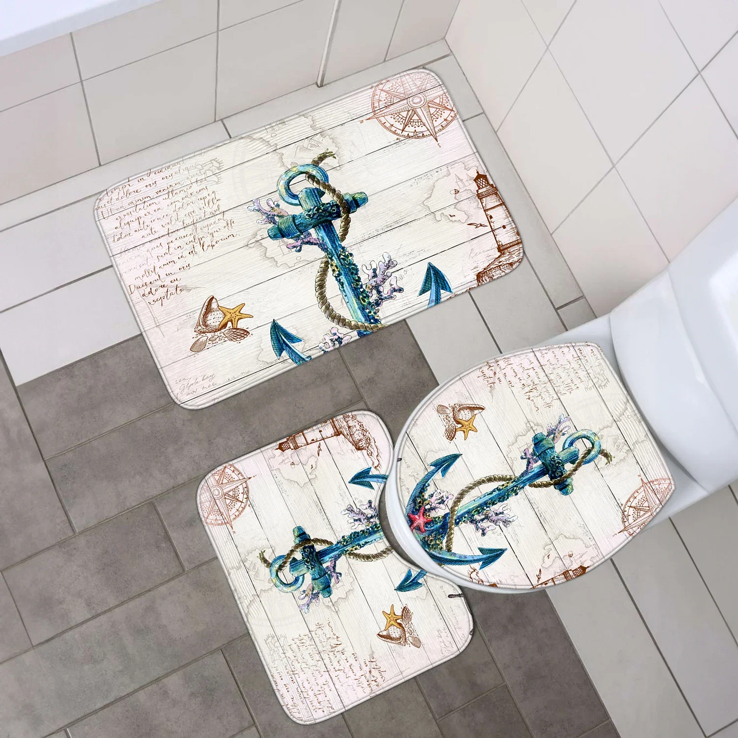 4-piece set of Cartoon blue rudder printed waterproof shower curtains with 12 hooks and bathroom floor mats