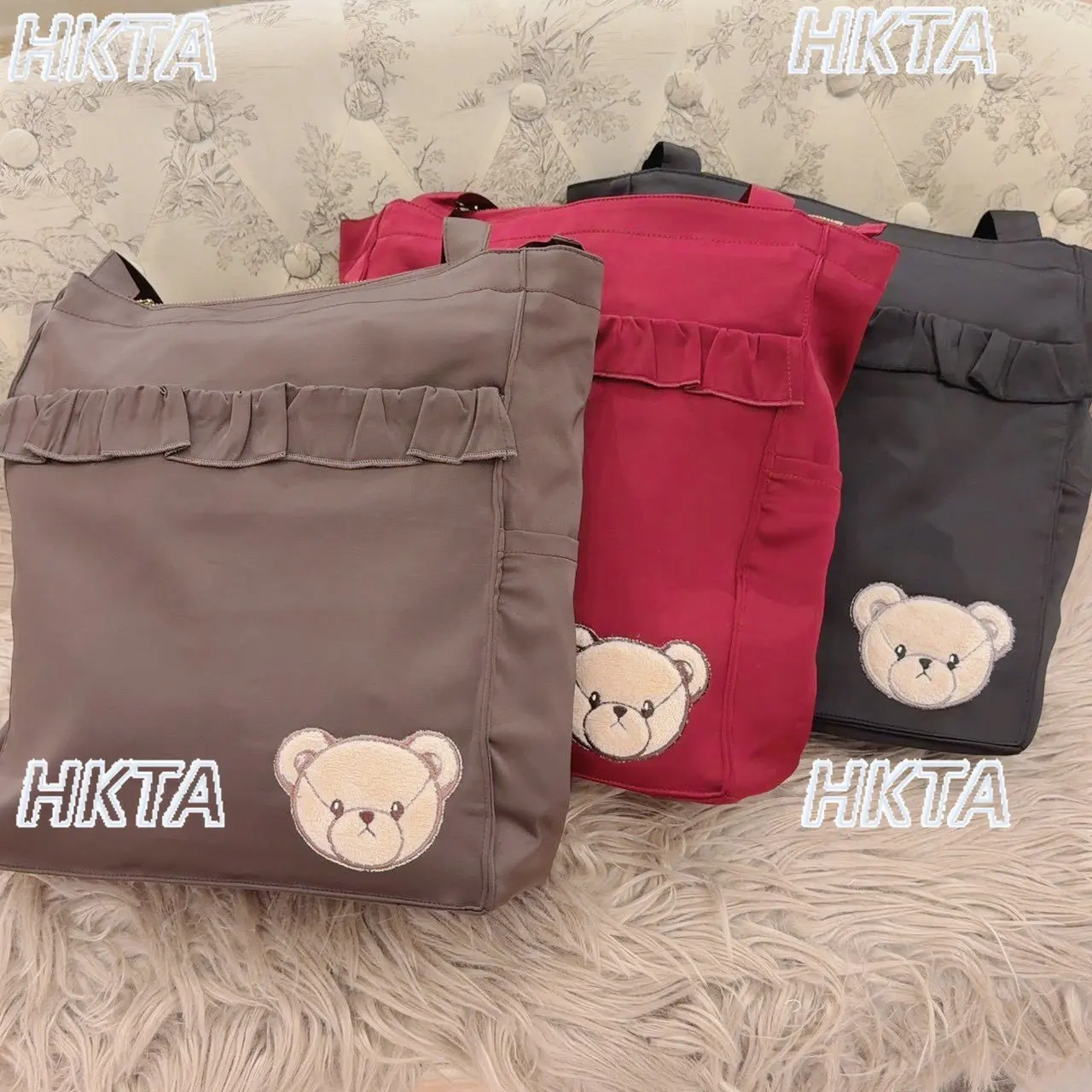 Japanese Autumn Cute Cartoon Embroidery Pleated Casual Versatile Large Capacity Zipper Tote Bag Vintage Black Backpacks Women