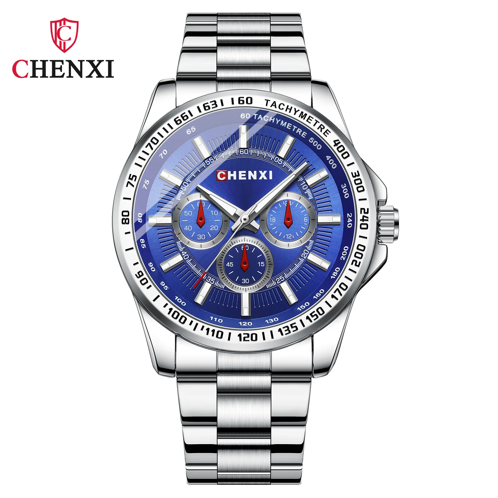 CHENXI 014B Men Quartz Watch Blue White Black Round Fashion Business Luminous Silvery Stainless Steel Male Wristwatch