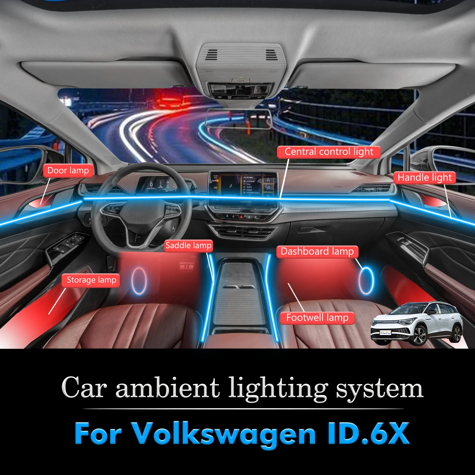 

Для Volkswagen ID.6X умный пульт дистанционного управления RGB 64 цвета светодиодный салон автомобиля окружающее освещение энергосберегающий эффективный комплект ламп