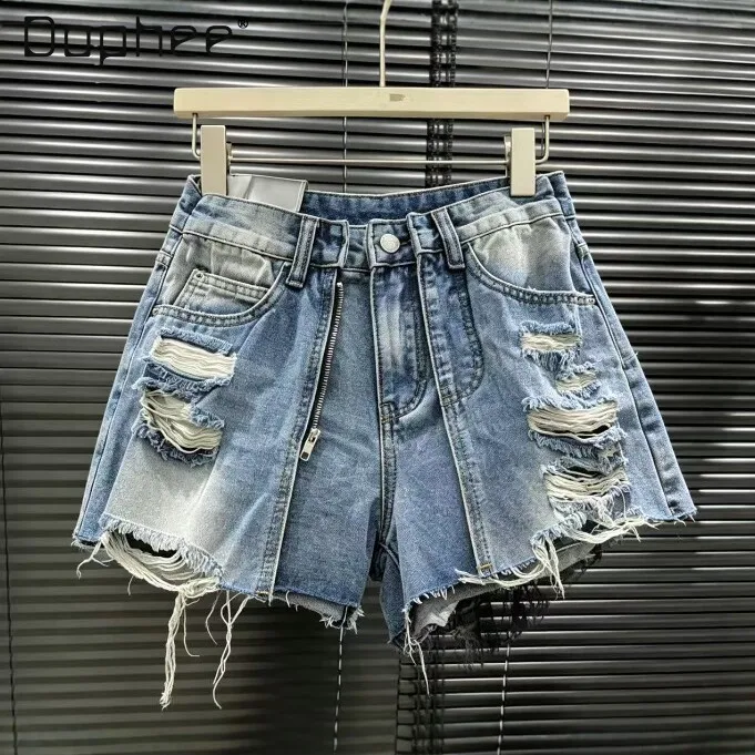 2026 Summer New High-waisted Ripped Y2K Denim Shorts Women's Slim Versatile Street Style Personality Trend Old Wide Leg Shorts