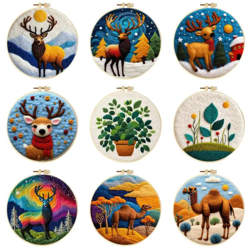 

CHENISTORY Diy Wool Needle Felting Starter Kit Needle Felt Set With Sika Deer，Camel Picture Frame Leaves Art Craft Home Decor