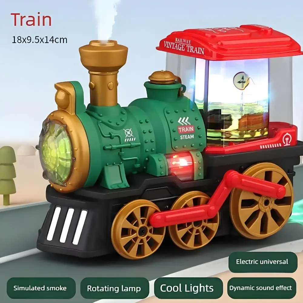 Juguete de tren con motor de vapor eléctrico: efectos de humo, luz y sonido, regalo para niños