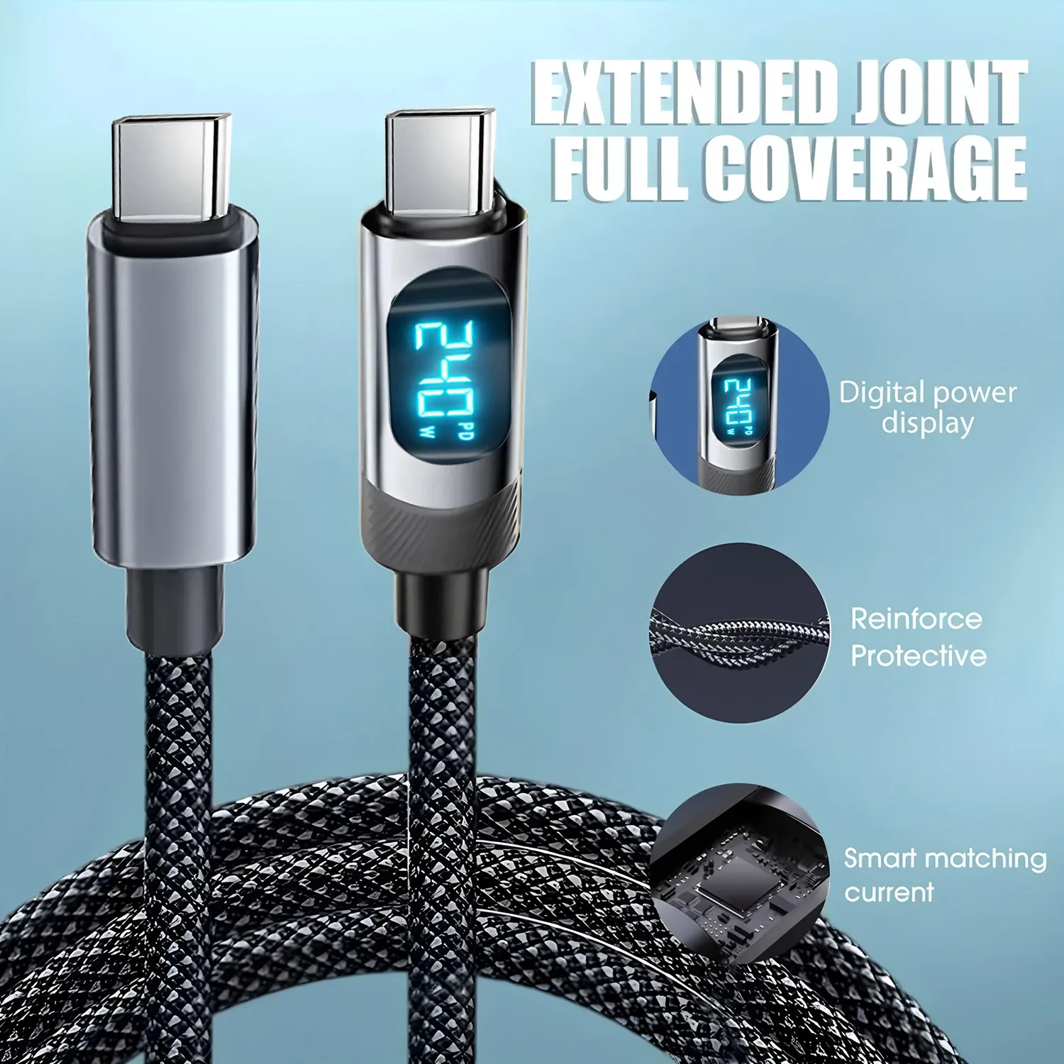 

Кабель для быстрой зарядки PD Type-C на Type-C с дисплеем заряда для iPhone 17, 16, 15, Samsung, Xiaomi, Huawei