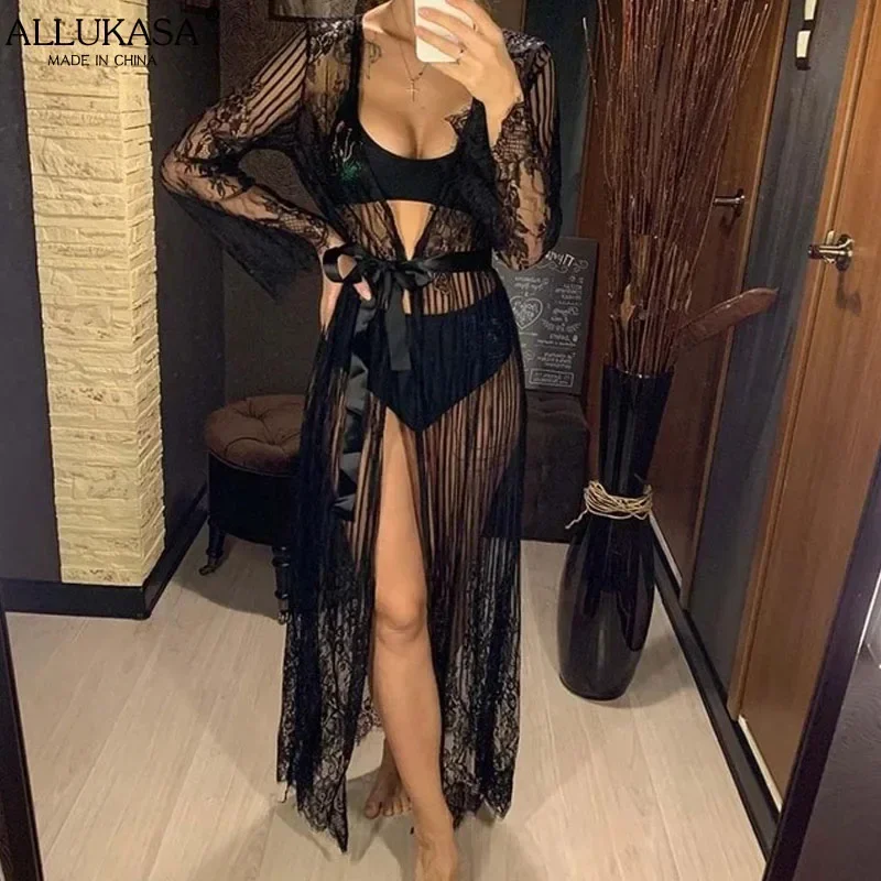 Allukasa Sexy Sheer Crochet Lace Tunic Beach Cover Up Female Long Beach Dress Women\'s Fashion See Through Cardigan Beachwear New