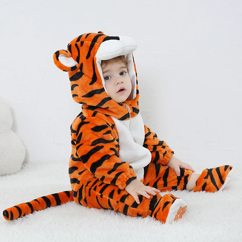 Animal Tiger Kigurumis Baby Girl Clothes Romper Winter Soft Warm Infant Onesie  Cosplay Costume Hooded Zipper Jumpsuits