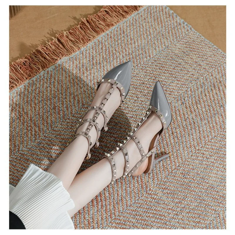 Sexy Metal Studded High Heel Sandals for Women 2026 Summer One Band Buckle Strap Open Toe Pump Shoes Ladies Wedding Guest Shoes image 4