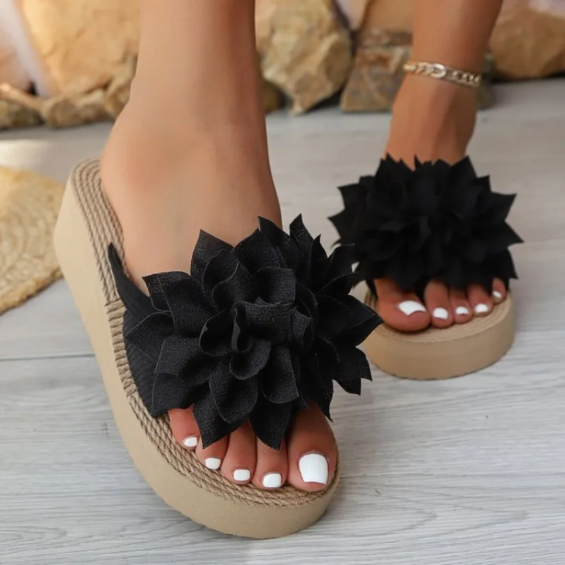 

Flower Decor Wedges Sandals for Women Plus Size Thick Sole Chunky Slippers Summer Light Comfort Non Slip Flip Flops