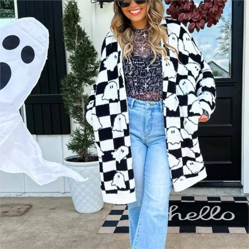 ハロウィンクリスマスゴーストパターンニットカーディガン女性の秋冬の新ファッション長袖ルーズセータージャケット女性のための