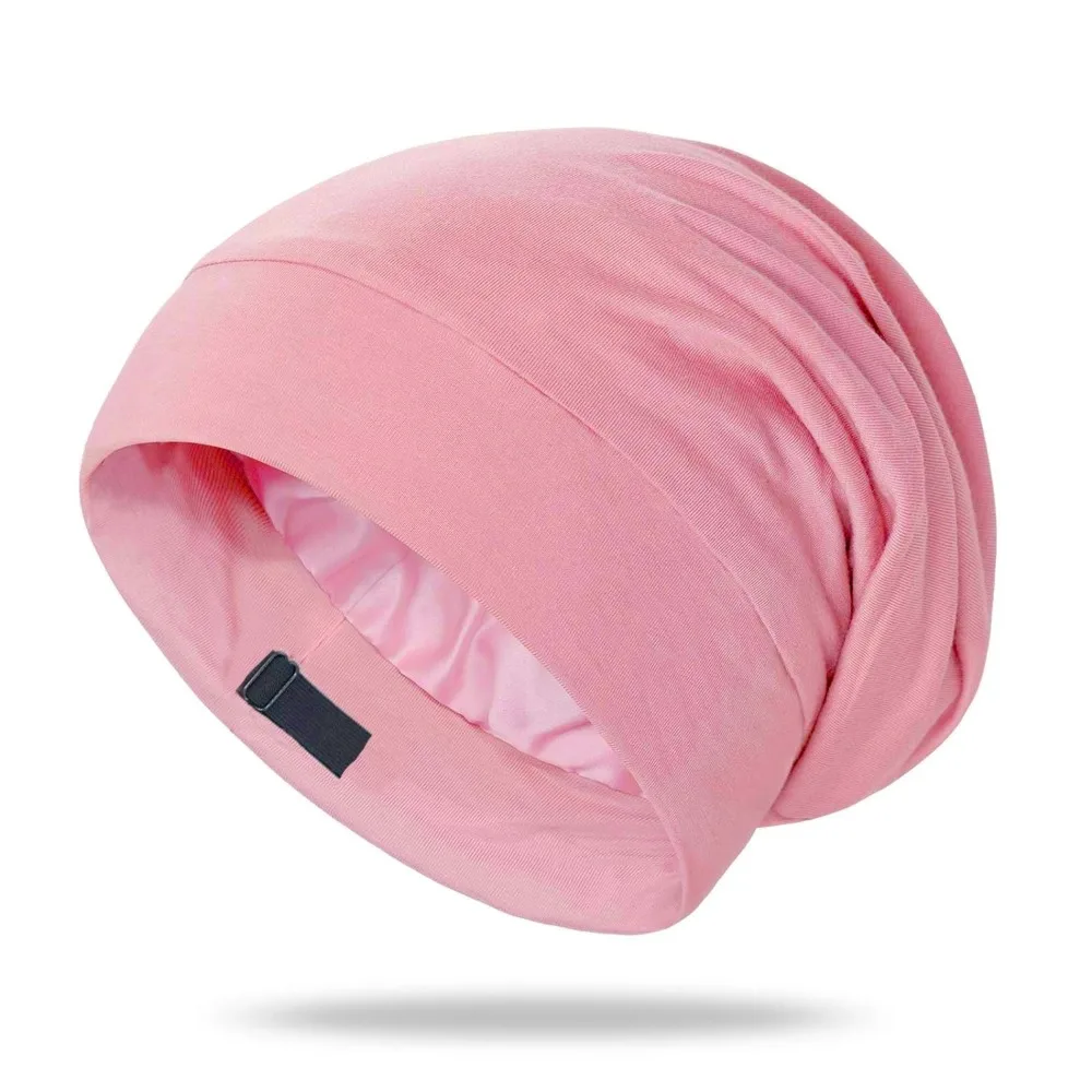 Unisex Solid Color Men's Beanie Caps Stretch Adjustable Skull Hat Satin Lining Double Layer Warm Nightcap Hair Protection