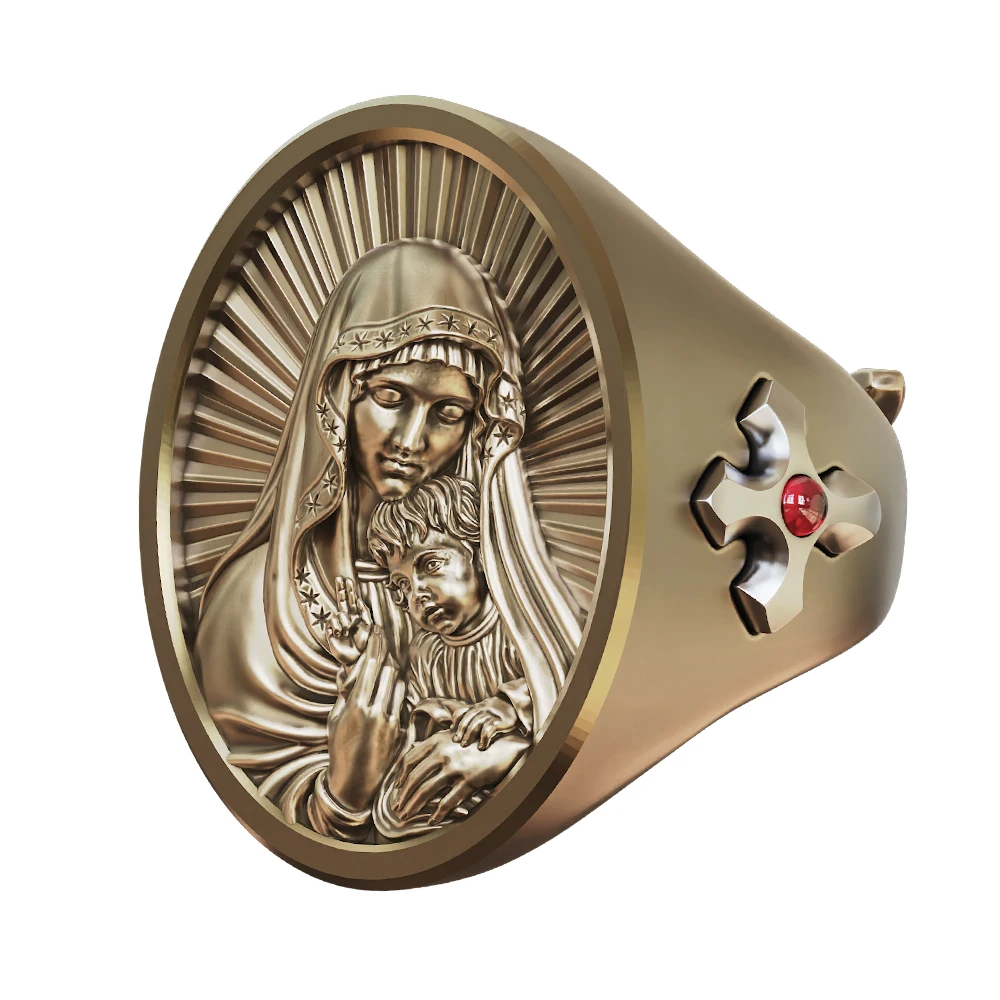Virgin Mary Cross Brass Signet Ring Faith-Based Jewelry BR510 Open US Size 7~15