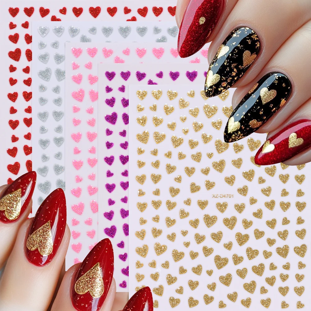 5 Farben 3D Valentinstag Glitzer Liebe-Herz Nagelaufkleber Herz Selbstklebender Nagelaufkleber Süße Liebe Maniküre Dekoration Schieber